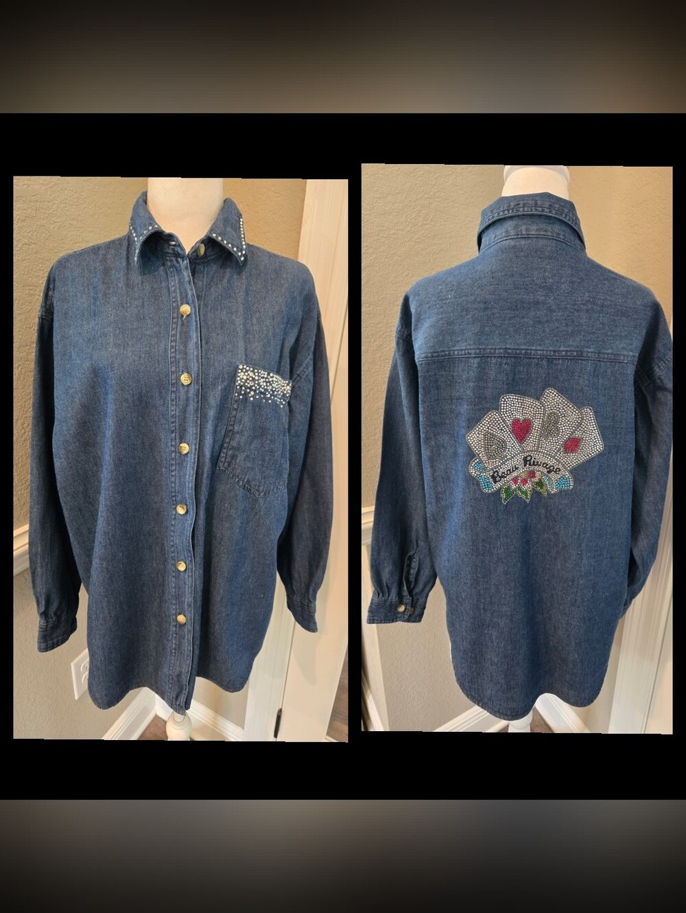 Beau Rivage Embellished Button Down Denim Top, Size Large